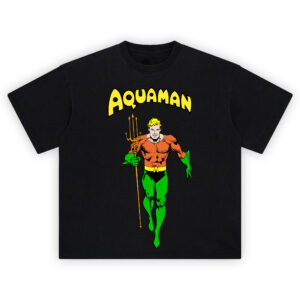 Aquaman Classic DC Comics Graphic T-shirt featuring Arthur Curry holding trident, in orange and green suit under yellow Aquaman comic logo.