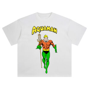 Aquaman Classic DC Comics Graphic T-shirt featuring Arthur Curry holding trident, in orange and green suit under yellow Aquaman comic logo.