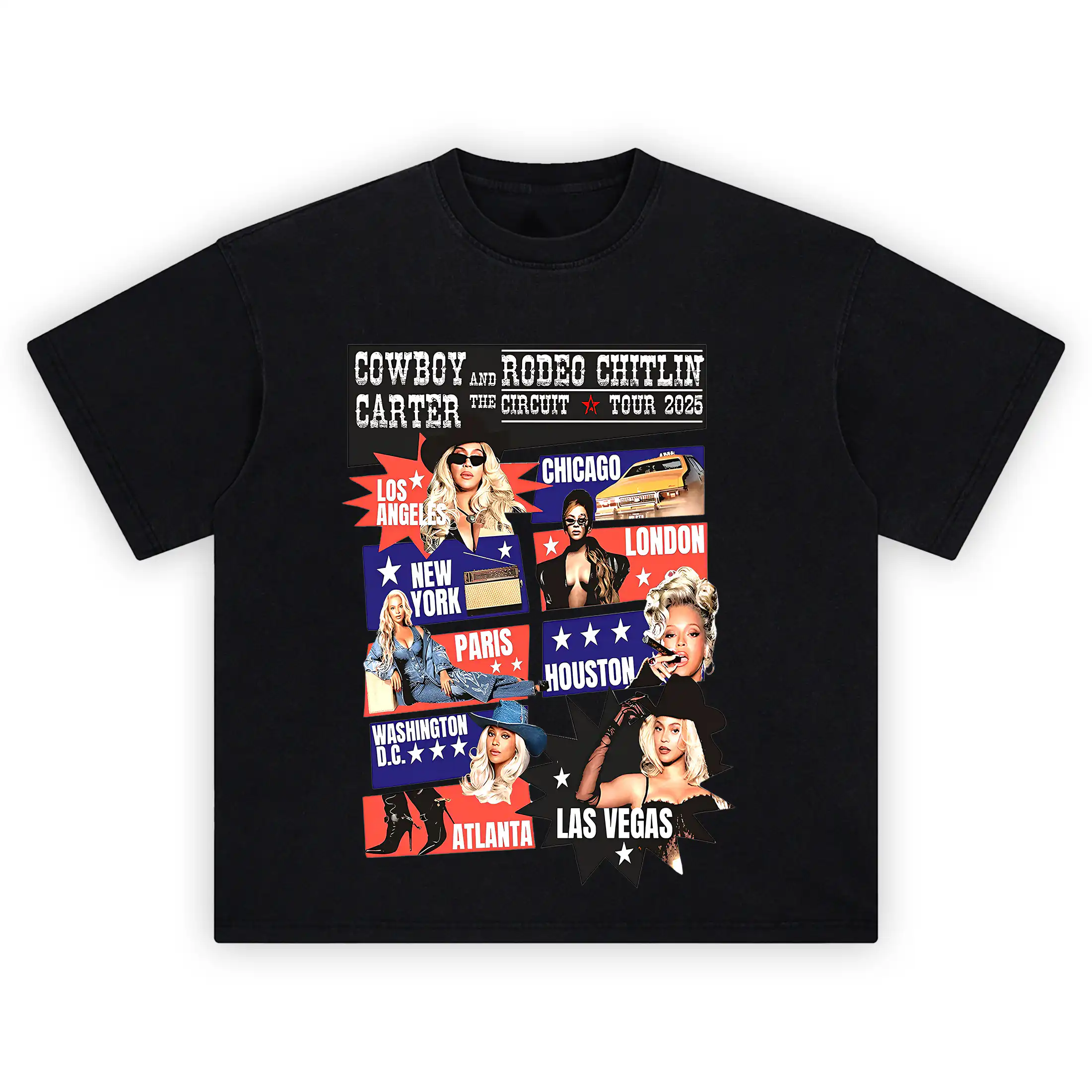 Beyoncé Cowboy Carter Circuit Tour Cities Shirt featuring pop-art panels of Beyoncé in various tour cities