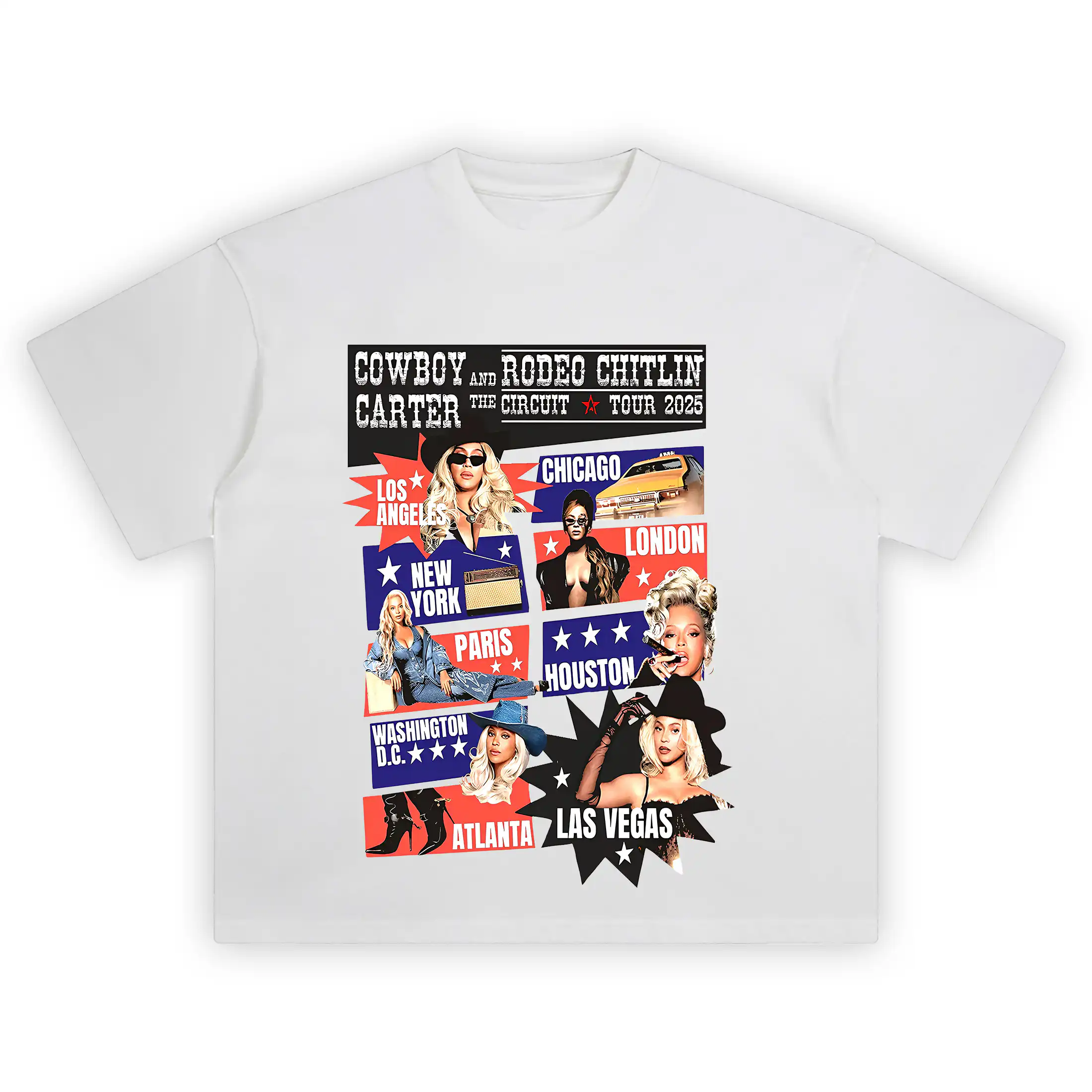 Beyoncé Cowboy Carter Circuit Tour Cities Shirt featuring pop-art panels of Beyoncé in various tour cities