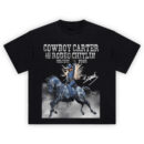 Beyoncé Cowboy Carter Denim Rodeo Horse Shirt showing Beyoncé in denim riding a stylized denim horse