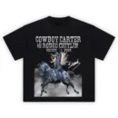 Beyoncé Cowboy Carter Denim Rodeo Horse Shirt showing Beyoncé in denim riding a stylized denim horse