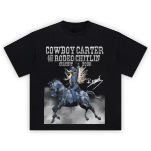 Beyoncé Cowboy Carter Denim Rodeo Horse Shirt showing Beyoncé in denim riding a stylized denim horse