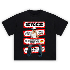 Beyoncé Cowboy Carter 2025 Pop Art Tour T-shirt with red comic-style panels, denim chaps, and bold type