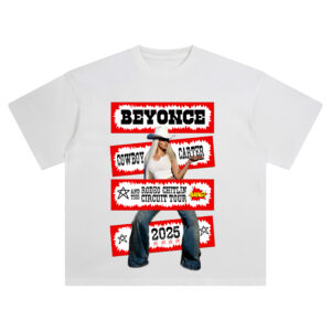 Beyoncé Cowboy Carter 2025 Pop Art Tour T-shirt with red comic-style panels, denim chaps, and bold type