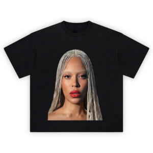 Beyoncé Cowboy Carter Blonde Braids Portrait Shirt showing Beyoncé with platinum braids and red lips