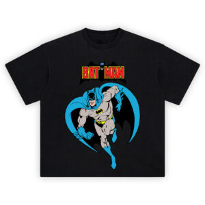 Batman Retro DC Comics Graphic T-shirt showing vintage Batman running with cape flowing, red BAT MAN logo above.