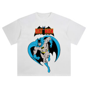 Batman Retro DC Comics Graphic T-shirt showing vintage Batman running with cape flowing, red BAT MAN logo above.