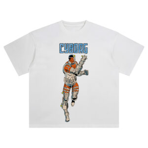 Cyborg Retro Tech Armor Graphic T-shirt with vintage comic artwork of Cyborg in silver armor.