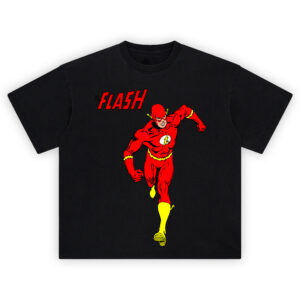 The Flash Classic DC Comics Graphic T-shirt with Barry Allen sprinting forward in red suit with yellow accents under vintage Flash text.