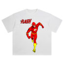 The Flash Classic DC Comics Graphic T-shirt with Barry Allen sprinting forward in red suit with yellow accents under vintage Flash text.