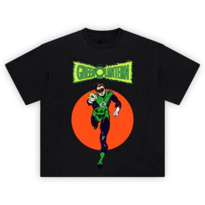 Green Lantern Classic DC Comics Graphic T-shirt with Hal Jordan flying forward, glowing green ring and red-orange background behind vintage comic text.