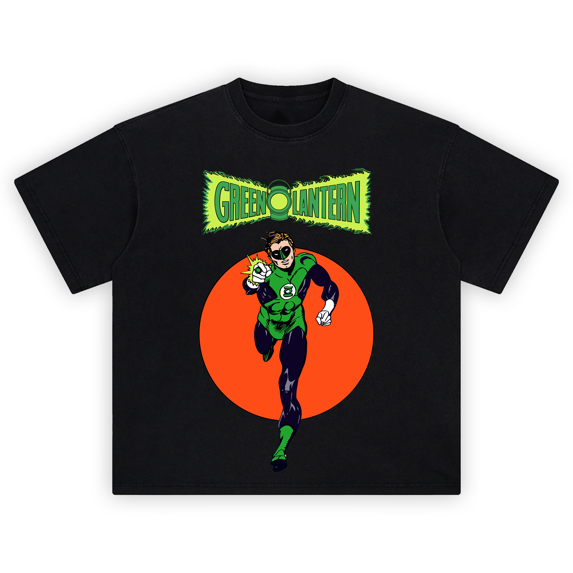 Green Lantern Classic DC Comics Graphic T-shirt with Hal Jordan flying forward, glowing green ring and red-orange background behind vintage comic text.