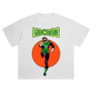 Green Lantern Classic DC Comics Graphic T-shirt with Hal Jordan flying forward, glowing green ring and red-orange background behind vintage comic text.