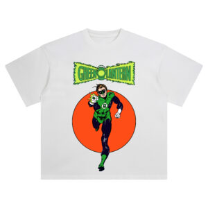Green Lantern Classic DC Comics Graphic T-shirt with Hal Jordan flying forward, glowing green ring and red-orange background behind vintage comic text.