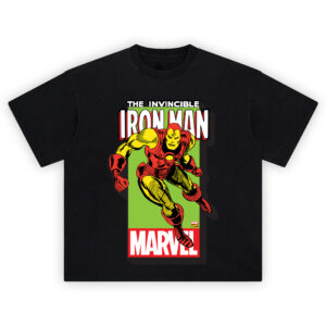 Iron Man Classic Marvel Graphic T-shirt featuring Iron Man in red and yellow armor flying forward over lime green and red Marvel backdrop.