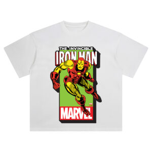 Iron Man Classic Marvel Graphic T-shirt featuring Iron Man in red and yellow armor flying forward over lime green and red Marvel backdrop.