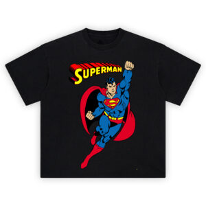 Superman Vintage Heroic Flight Graphic T-shirt featuring Superman flying with red cape and yellow logo.