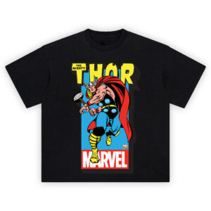 Thor Classic Marvel Graphic T-shirt showing Thor in red cape and winged helmet, mid-swing with Mjolnir over blue and red Marvel backdrop.
