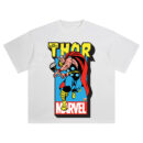 Thor Classic Marvel Graphic T-shirt showing Thor in red cape and winged helmet, mid-swing with Mjolnir over blue and red Marvel backdrop.
