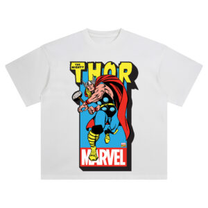 Thor Classic Marvel Graphic T-shirt showing Thor in red cape and winged helmet, mid-swing with Mjolnir over blue and red Marvel backdrop.