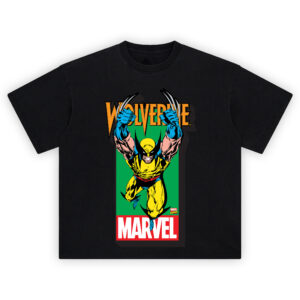 Wolverine Classic Marvel Graphic T-shirt featuring vibrant yellow-suited Wolverine leaping forward, claws out, on a green and red Marvel backdrop.