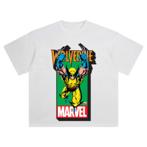 Wolverine Classic Marvel Graphic T-shirt featuring vibrant yellow-suited Wolverine leaping forward, claws out, on a green and red Marvel backdrop.
