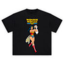 Wonder Woman Classic DC Comics Graphic T-shirt with Diana crossing bracelets, star-spangled outfit, and bold vintage comic title.