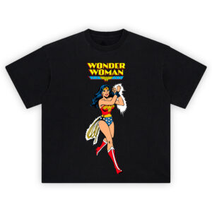 Wonder Woman Classic DC Comics Graphic T-shirt with Diana crossing bracelets, star-spangled outfit, and bold vintage comic title.
