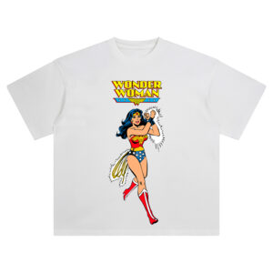 Wonder Woman Classic DC Comics Graphic T-shirt with Diana crossing bracelets, star-spangled outfit, and bold vintage comic title.