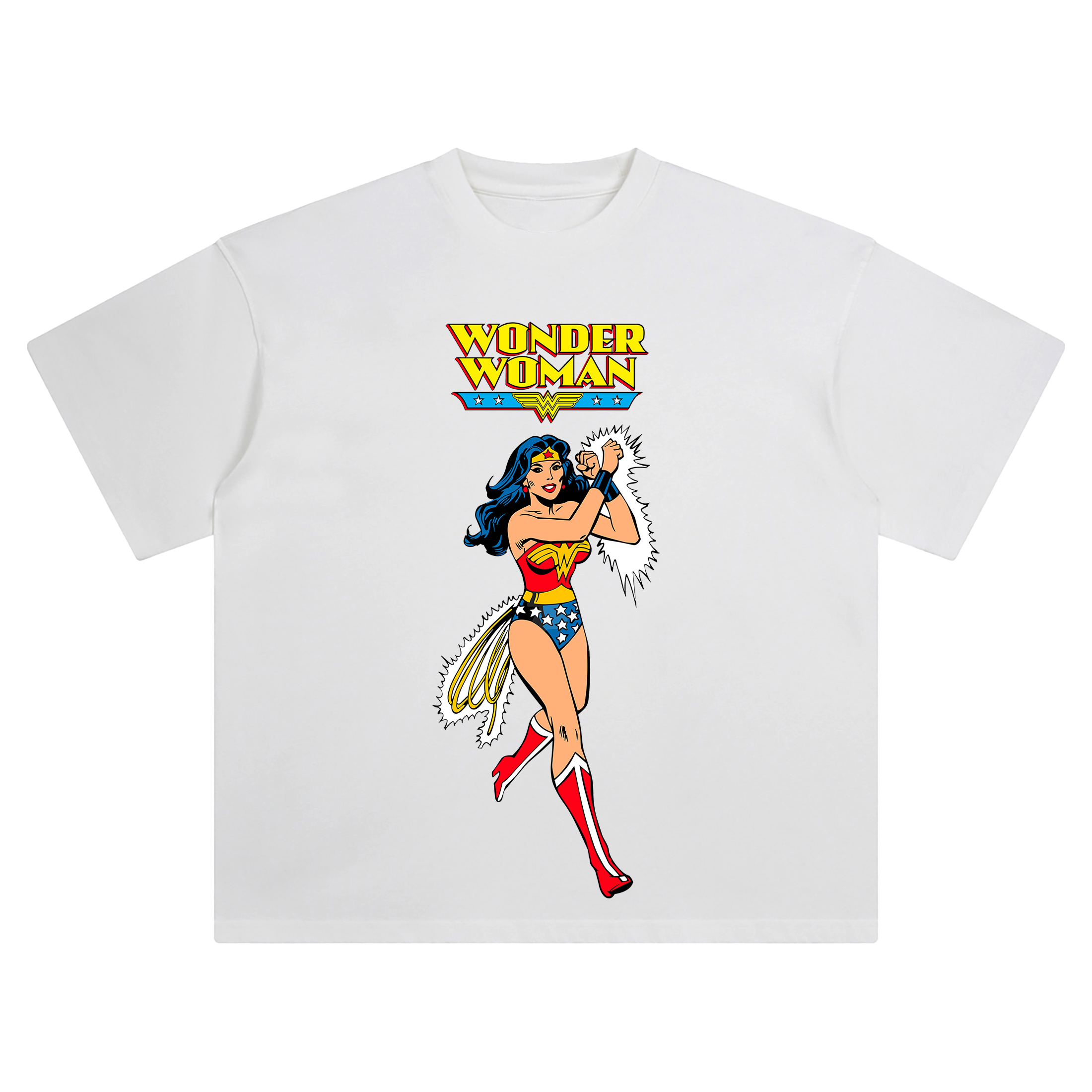 Wonder Woman Classic DC Comics Graphic T-shirt with Diana crossing bracelets, star-spangled outfit, and bold vintage comic title.