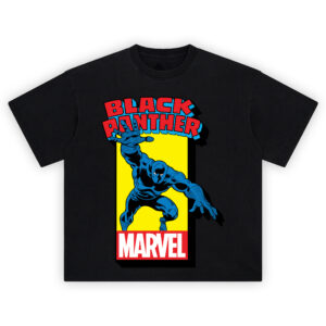 Black Panther Classic Marvel Graphic T-shirt with T’Challa in blue suit leaping forward on bold yellow background under red Marvel logo.