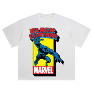 Black Panther Classic Marvel Graphic T-shirt with T’Challa in blue suit leaping forward on bold yellow background under red Marvel logo.