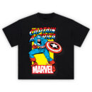 Captain America Classic Marvel Graphic T-shirt with vintage red, white, and blue hero charging forward with shield on bright yellow Marvel background.