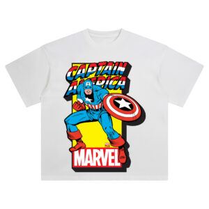 Captain America Classic Marvel Graphic T-shirt with vintage red, white, and blue hero charging forward with shield on bright yellow Marvel background.