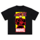 Daredevil Classic Marvel Graphic T-shirt featuring red-suited Daredevil with arms crossed on bold yellow background and retro comic lettering.