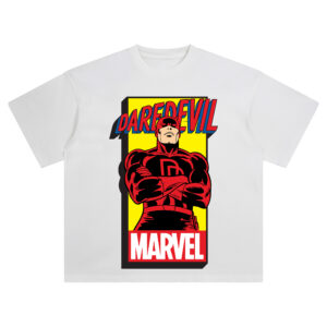 Daredevil Classic Marvel Graphic T-shirt featuring red-suited Daredevil with arms crossed on bold yellow background and retro comic lettering.