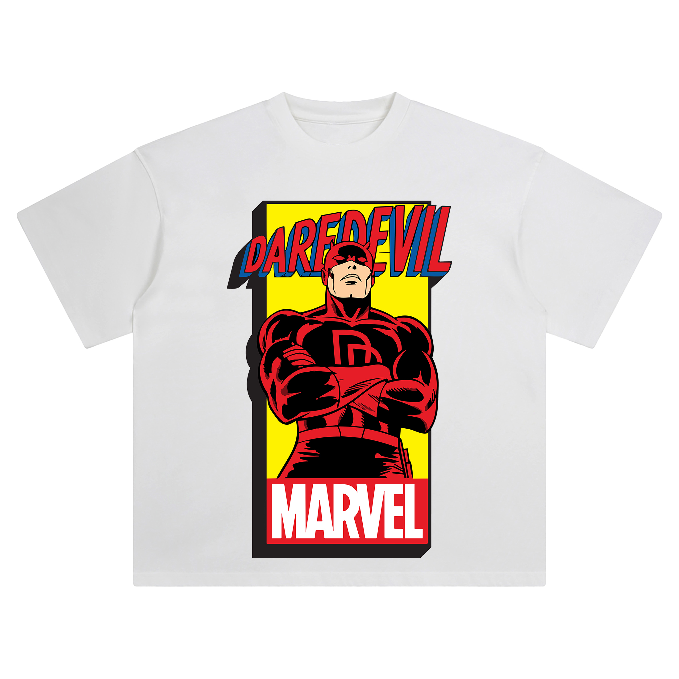 Daredevil Classic Marvel Graphic T-shirt featuring red-suited Daredevil with arms crossed on bold yellow background and retro comic lettering.