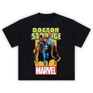 Doctor Strange Classic Marvel Graphic T-shirt with vintage-style red-caped sorcerer casting a spell on bold yellow Marvel background.