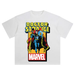 Doctor Strange Classic Marvel Graphic T-shirt with vintage-style red-caped sorcerer casting a spell on bold yellow Marvel background.