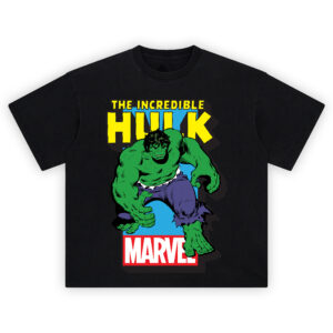 Hulk Classic Marvel Graphic T-shirt featuring green Hulk mid-charge with clenched fists and bold yellow title over blue and red Marvel background.