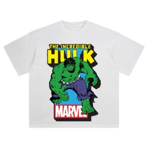 Hulk Classic Marvel Graphic T-shirt featuring green Hulk mid-charge with clenched fists and bold yellow title over blue and red Marvel background.