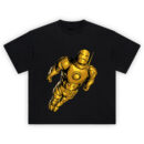 Iron Man Gold Armor Marvel Graphic T-shirt showing Iron Man in classic full-body gold suit flying upward in sleek retro comic style.