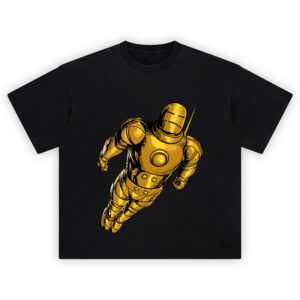 Iron Man Gold Armor Marvel Graphic T-shirt showing Iron Man in classic full-body gold suit flying upward in sleek retro comic style.