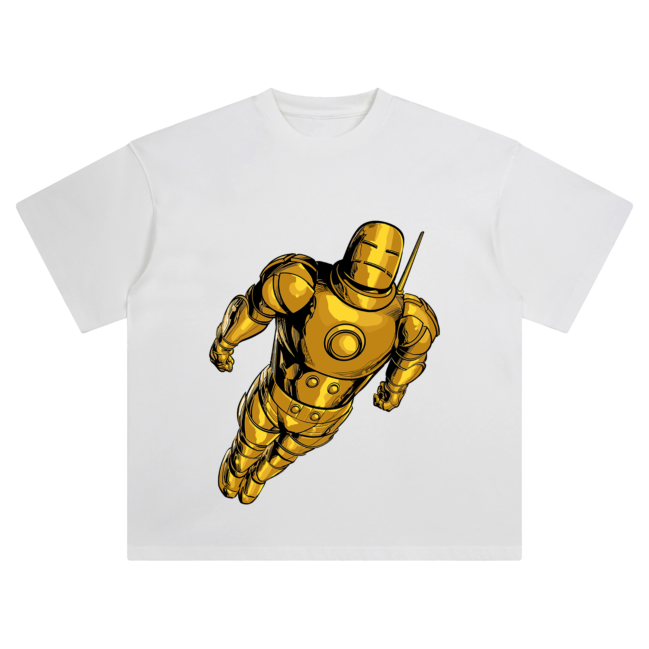 Iron Man Gold Armor Marvel Graphic T-shirt showing Iron Man in classic full-body gold suit flying upward in sleek retro comic style.