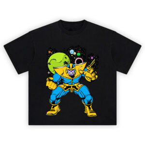 Thanos Classic Marvel Graphic T-shirt featuring the villain in blue-and-gold armor with clenched fists, space background, and planetary chaos.