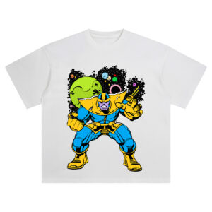Thanos Classic Marvel Graphic T-shirt featuring the villain in blue-and-gold armor with clenched fists, space background, and planetary chaos.