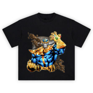Thanos Infinity Gauntlet Marvel Graphic T-shirt showing Thanos with glowing Infinity Gauntlet, gold armor, and cosmic debris swirling behind.