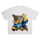 Thanos Infinity Gauntlet Marvel Graphic T-shirt showing Thanos with glowing Infinity Gauntlet, gold armor, and cosmic debris swirling behind.