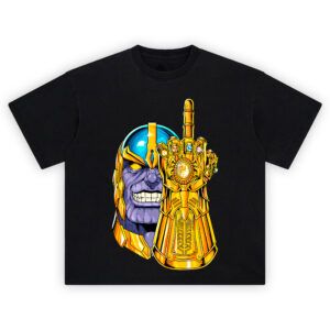 Thanos Infinity Gauntlet Middle Finger Graphic T-shirt featuring grinning Thanos and gold gauntlet raised in middle finger salute with glowing Infinity Stones.